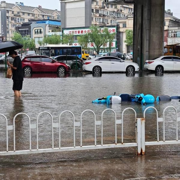 Emergency workers and evacuees during Typhoon Bavi flooding in northeast China