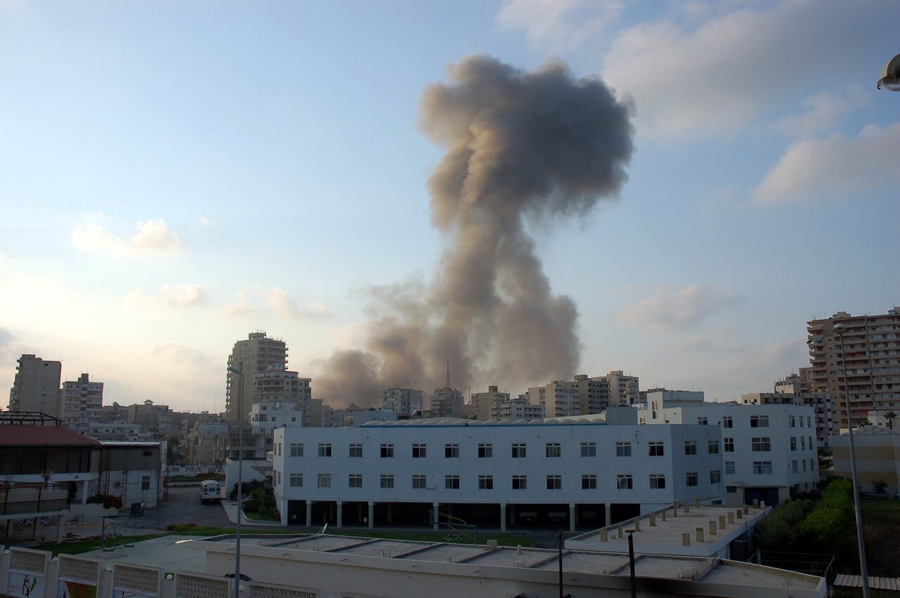 Smoke rising over Tyre southern Lebanon during the 2006 Israel-Lebanon war that led to UN Resolution 1701