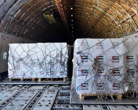 UAE aid trucks loaded with humanitarian supplies for Gaza under Operation Chivalrous Knight 3