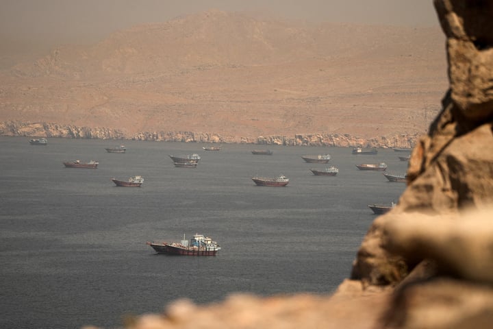 Vessels at the Strait of Hormuz as seen from Musandam Oman amid UAE oil export surge to near 2017 highs