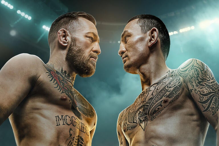 UFC 329 official promotional poster featuring Conor McGregor vs Max Holloway at T-Mobile Arena Las Vegas