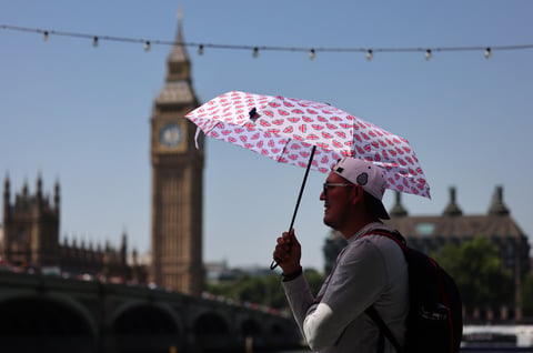 Pedestrian sheltering from extreme heat in London during record-breaking UK heatwave June 2026