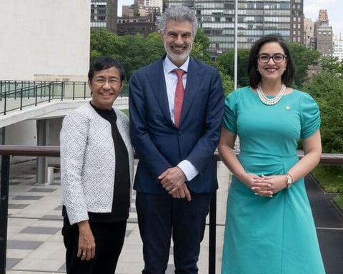 Yoshua Bengio, Maria Ressa and Egriselda Lopez co-chairs of the UN AI governance scientific panel and dialogue, Geneva July 2026