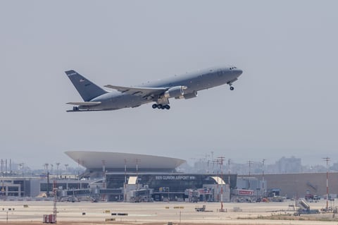 US Air Force KC-46A Pegasus aerial refueling tanker on the runway at Ben Gurion International Airport in Israel