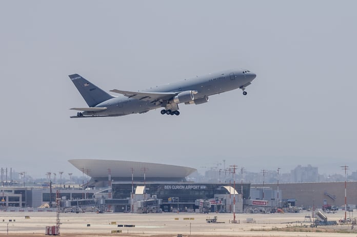 US Air Force KC-46A Pegasus aerial refueling tanker on the runway at Ben Gurion International Airport in Israel