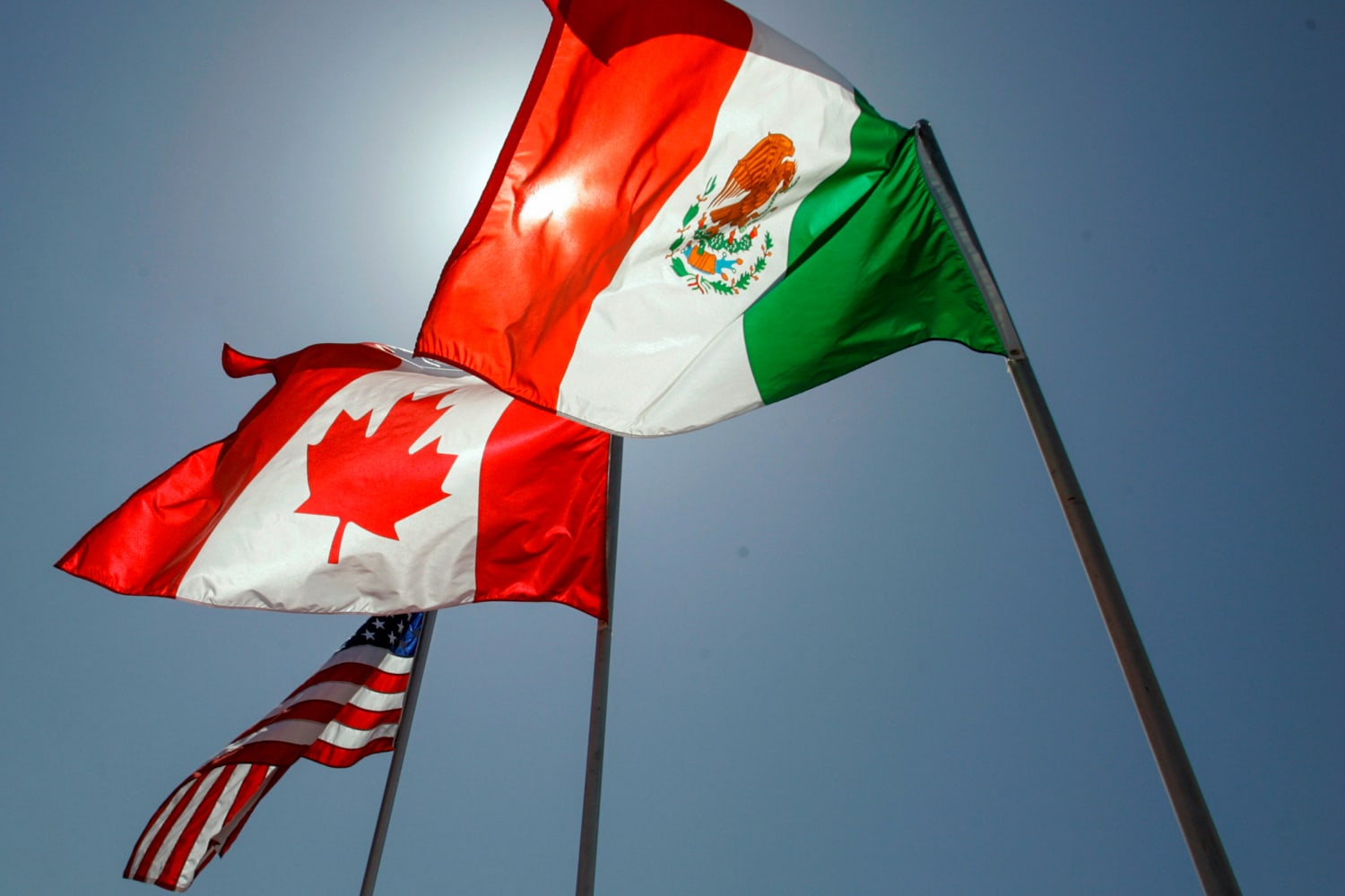 American, Canadian, and Mexican flags at a trade meeting illustrating USMCA relations