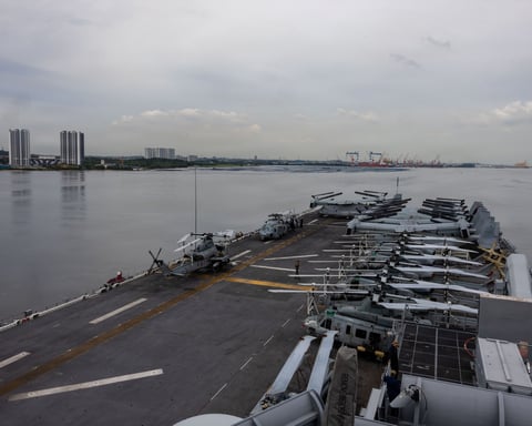 USS Boxer Wasp-class amphibious assault ship transiting Singapore Strait May 2026 heading to Middle East
