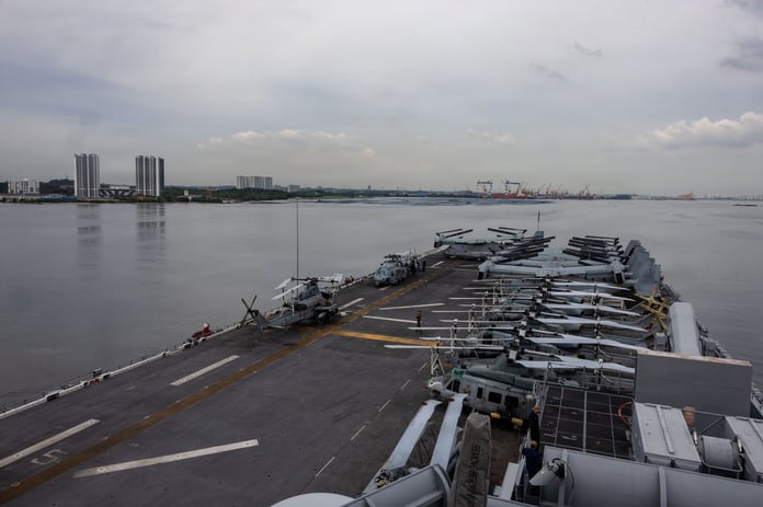 USS Boxer Wasp-class amphibious assault ship transiting Singapore Strait May 2026 heading to Middle East