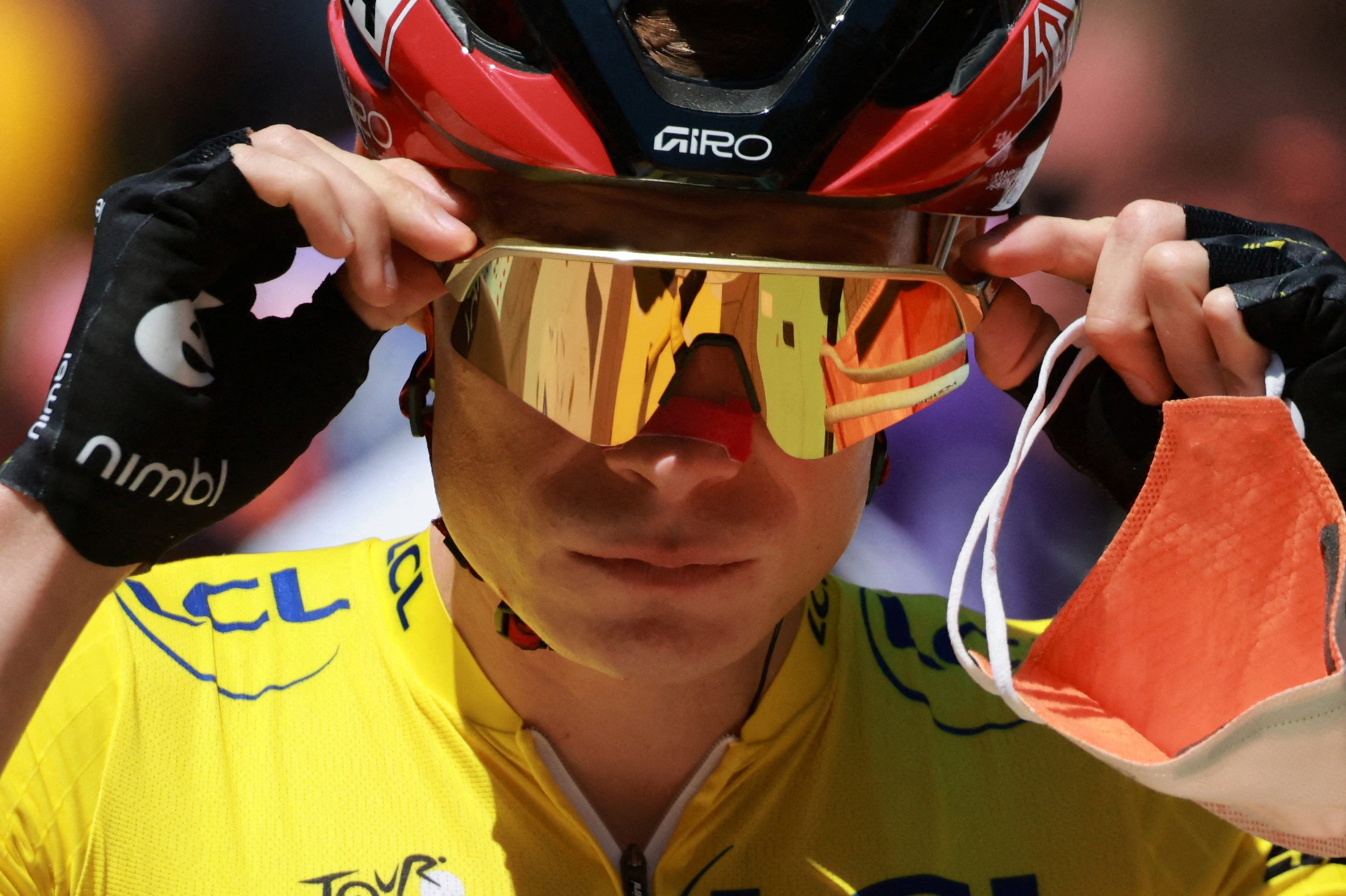 Jonas Vingegaard of Team Visma wears the yellow jersey at the Tour de France 2026