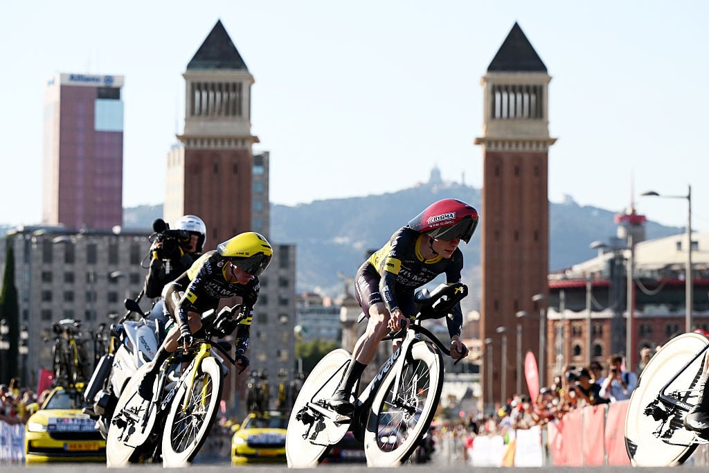 Jonas Vingegaard of Visma-Lease a Bike during the Tour de France 2026 Stage 1 team time trial in Barcelona
