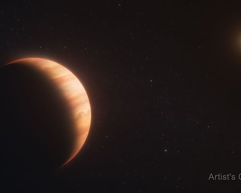 Artist illustration of WD 1856 b a giant planet orbiting a white dwarf star detected by the James Webb Space Telescope