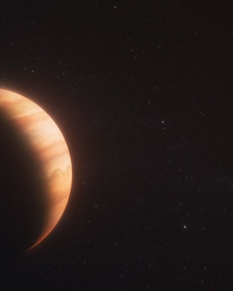 Artist illustration of WD 1856 b a giant planet orbiting a white dwarf star detected by the James Webb Space Telescope