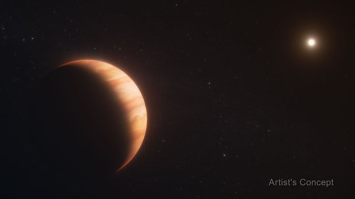 Artist illustration of WD 1856 b a giant planet orbiting a white dwarf star detected by the James Webb Space Telescope