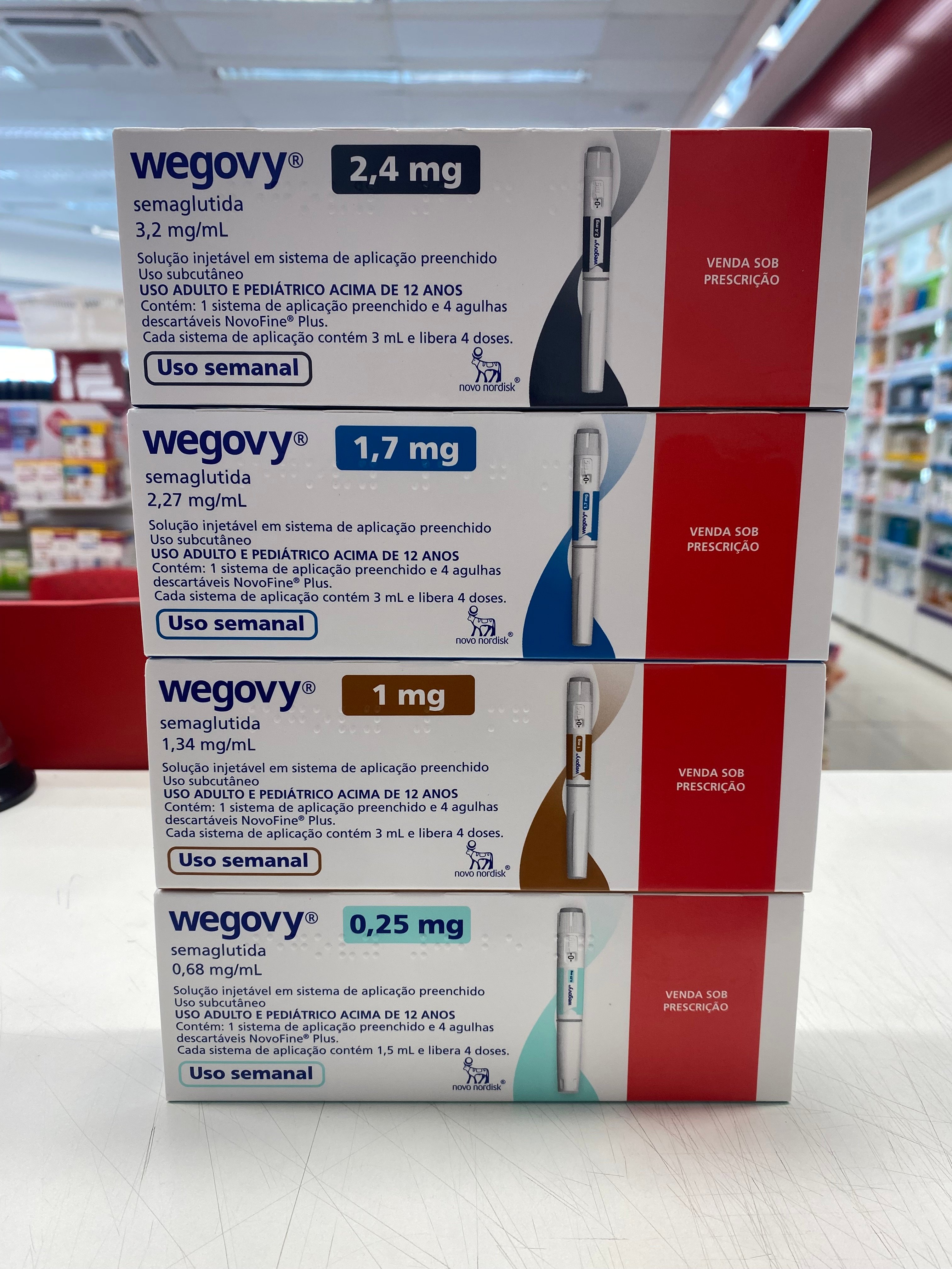 Four different dose strengths of Wegovy semaglutide injection pens for obesity treatment