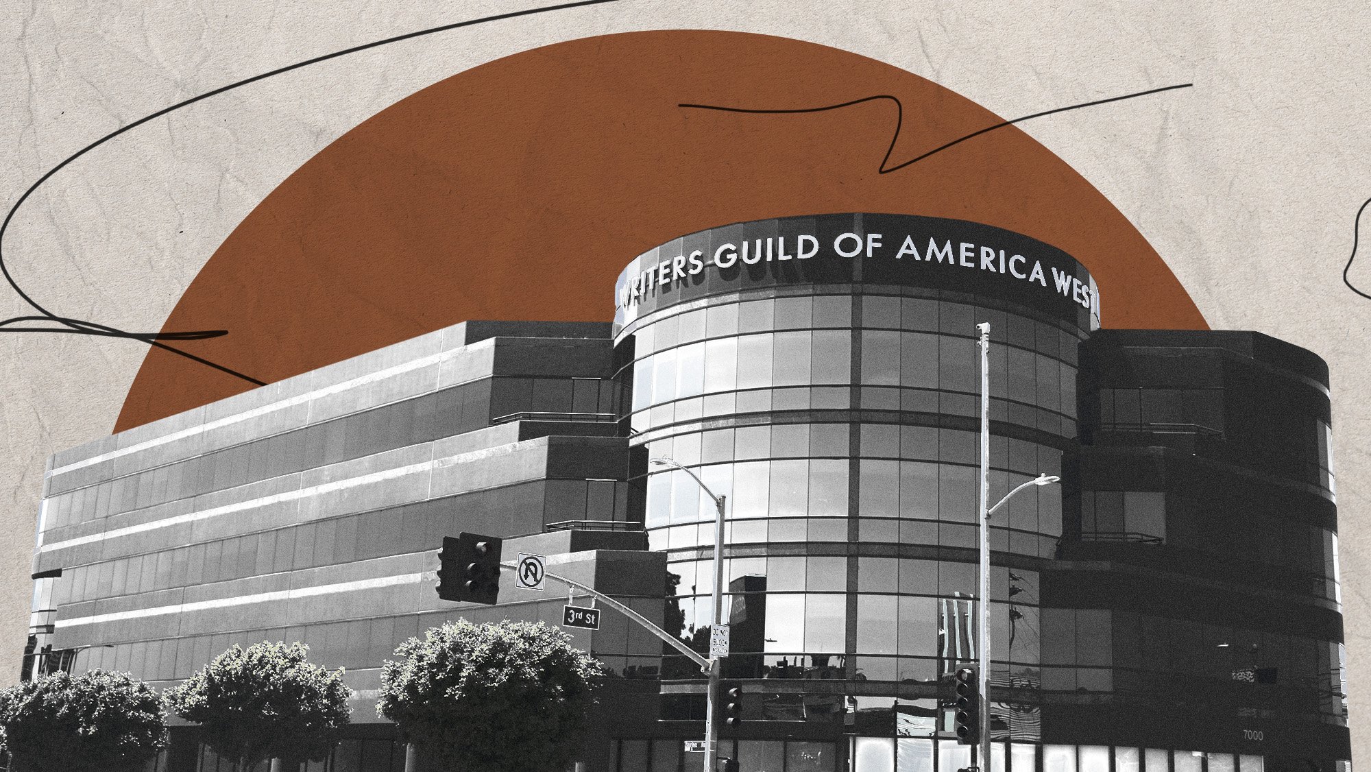 WGA West headquarters in Los Angeles where writers guild filed antitrust suit against Paramount Warner merger