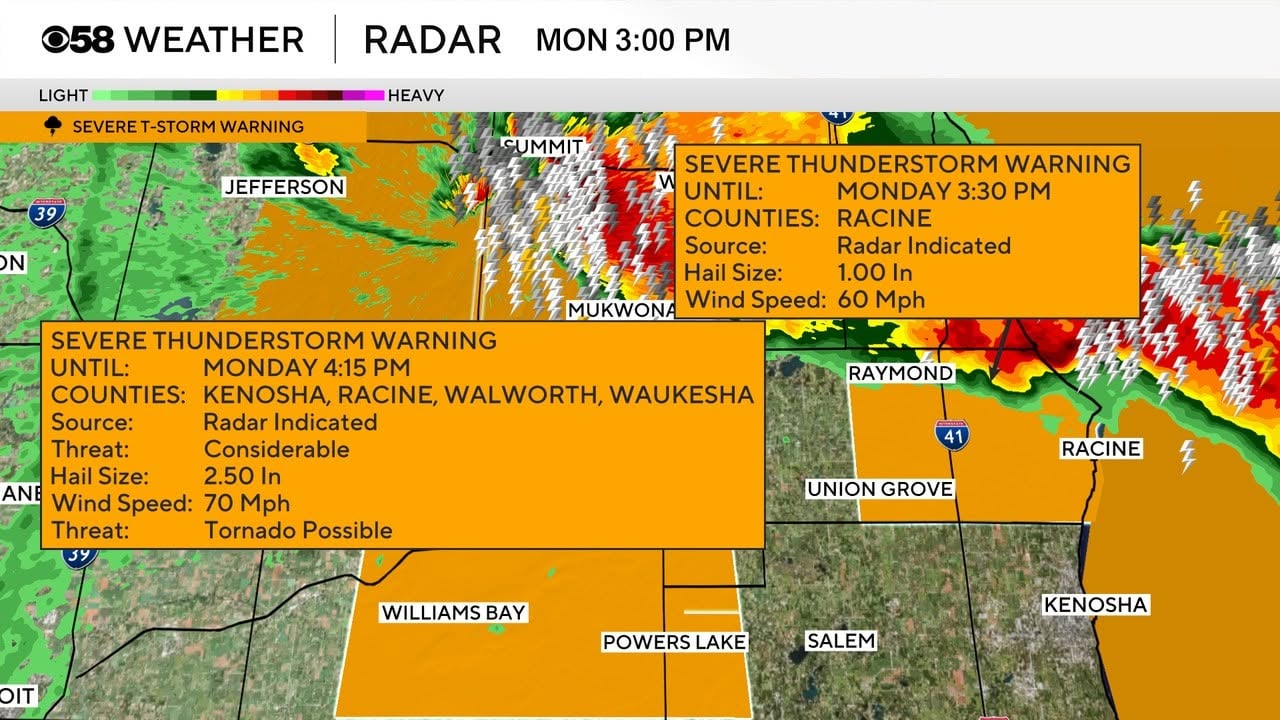 Radar showing severe thunderstorm complex tracking across Wisconsin during the July 27 2026 outbreak