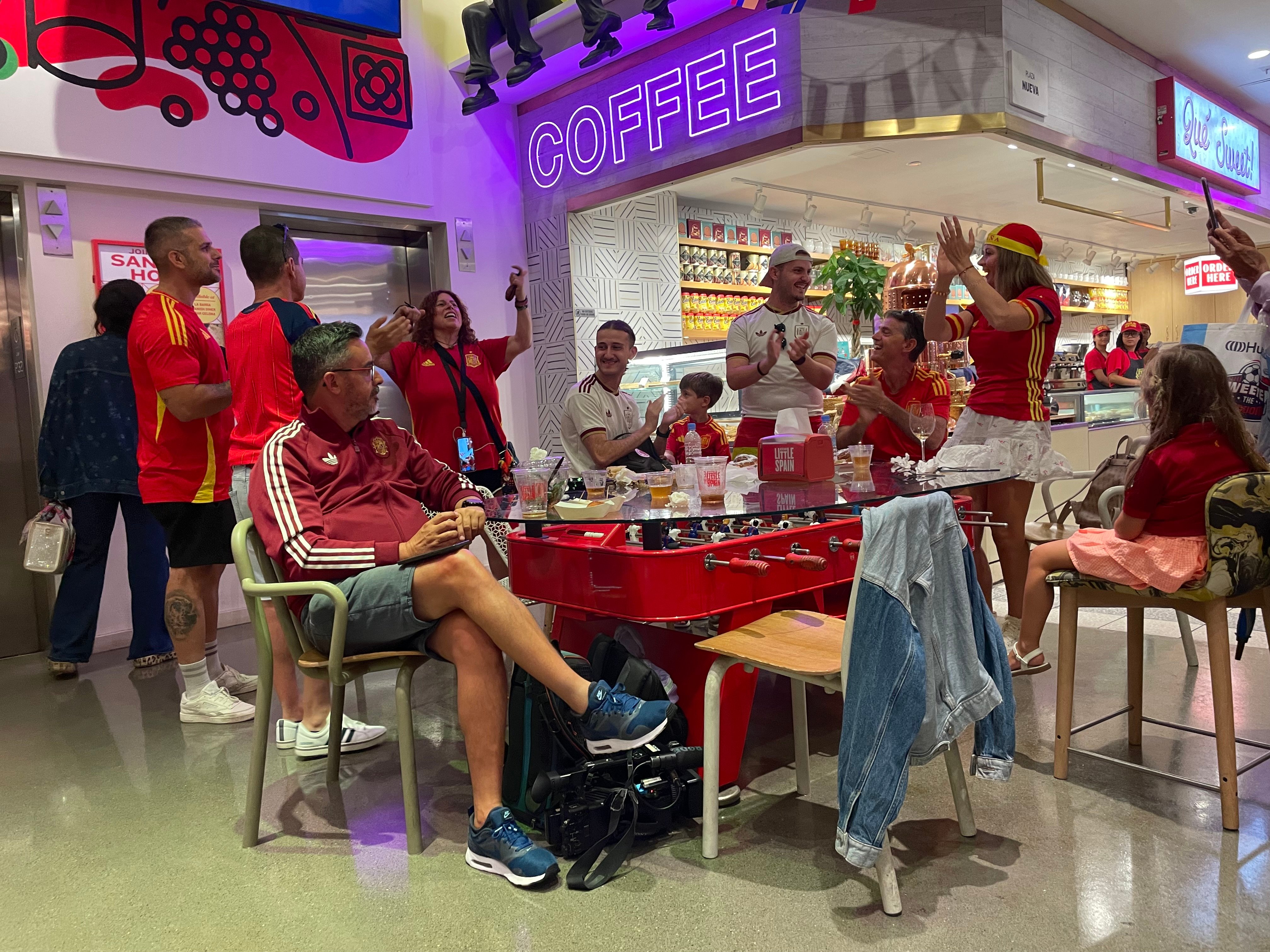 Spain supporters gather at Mercado Little Spain in New York City ahead of the 2026 FIFA World Cup Final