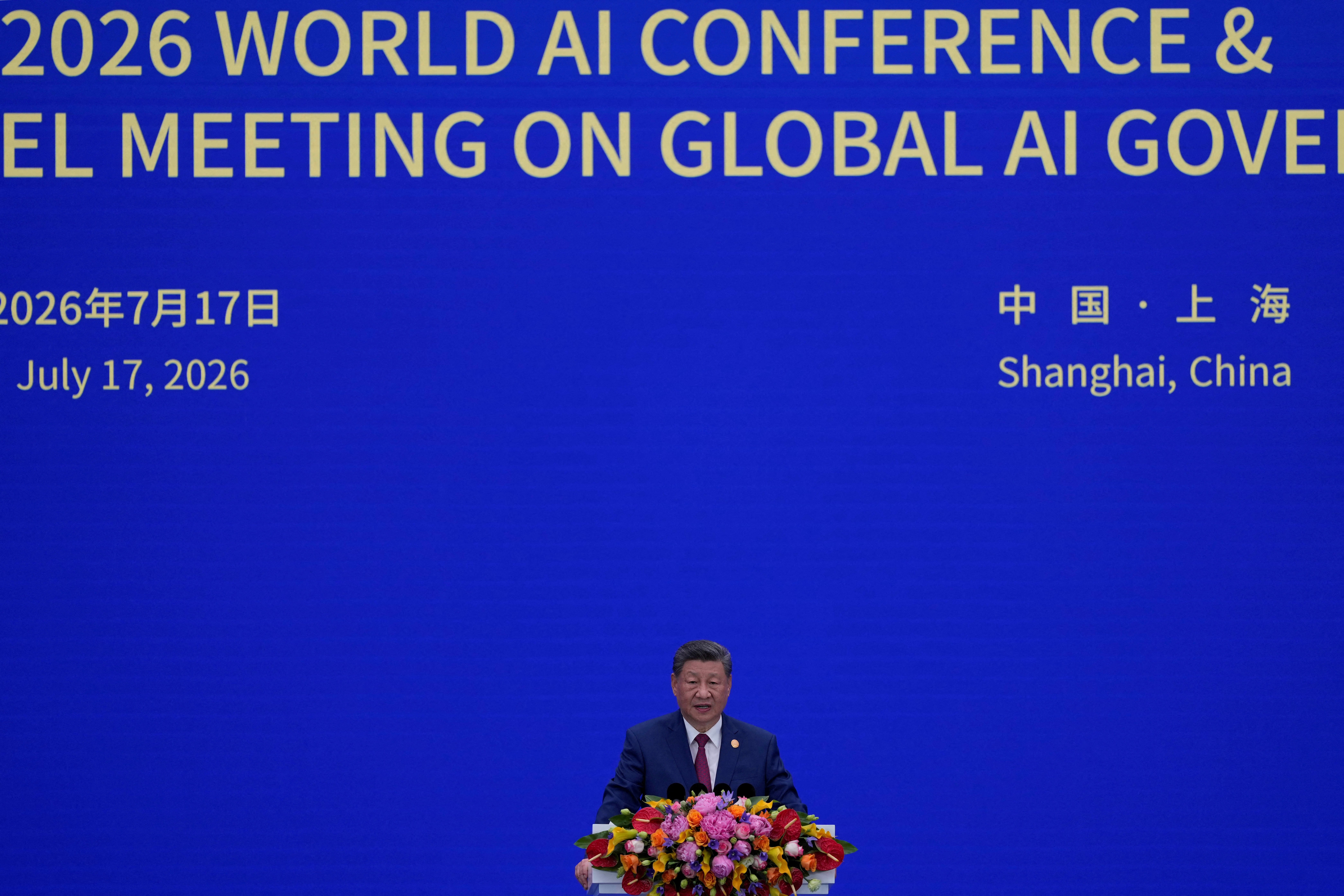Chinese President Xi Jinping delivering keynote speech at World Artificial Intelligence Conference WAIC 2026 in Shanghai