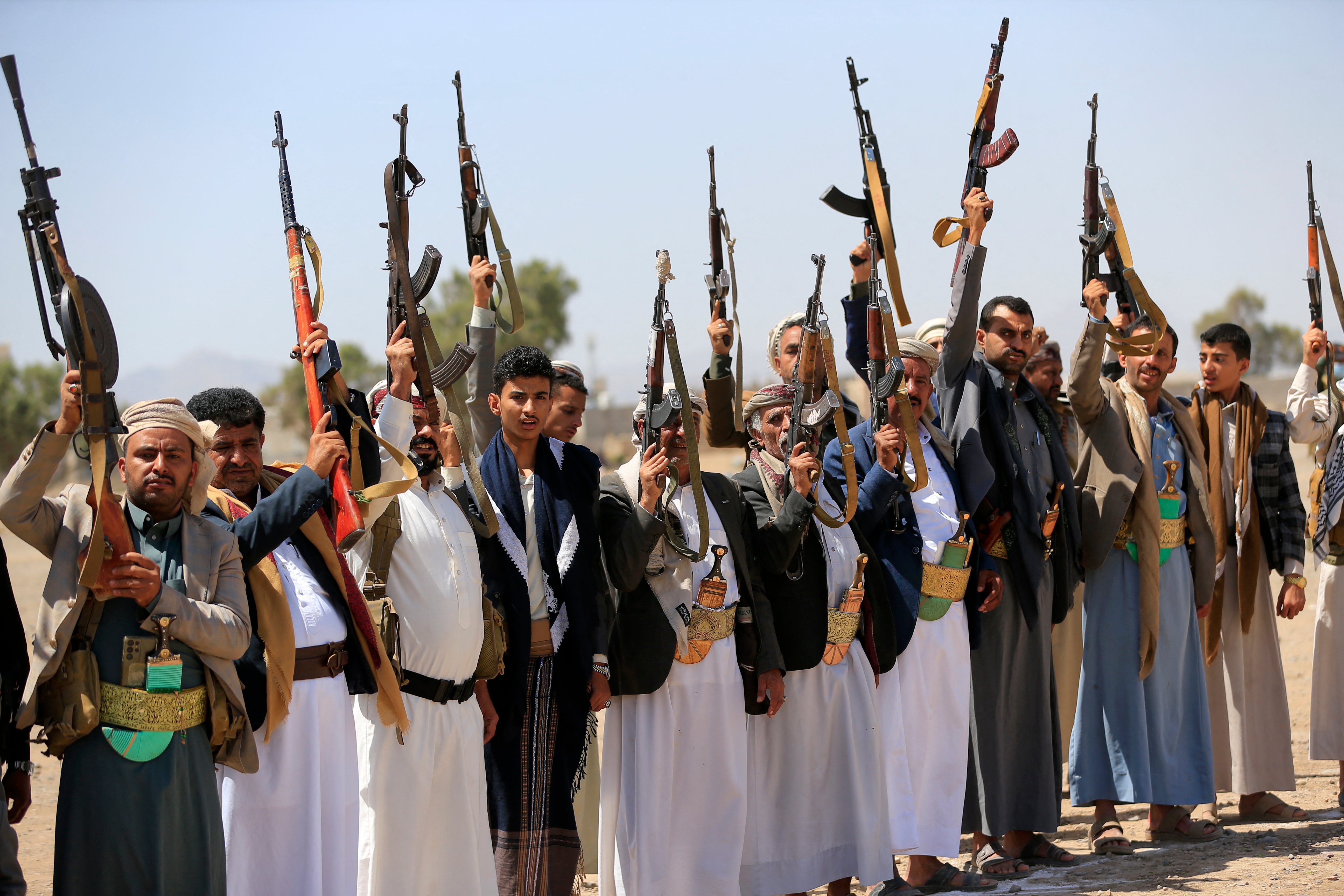 Armed Yemenis rally in solidarity with Iran and Lebanon on the outskirts of Sanaa, July 2026