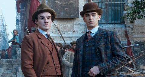 Hero Fiennes Tiffin as Sherlock Holmes and Dónal Finn as Moriarty in Young Sherlock Season 2 on Prime Video