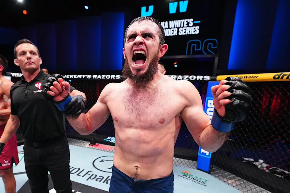 Magomed Zaynukov celebrates his Contender Series victory against Lucas Caldas that earned him a UFC contract in October 2025