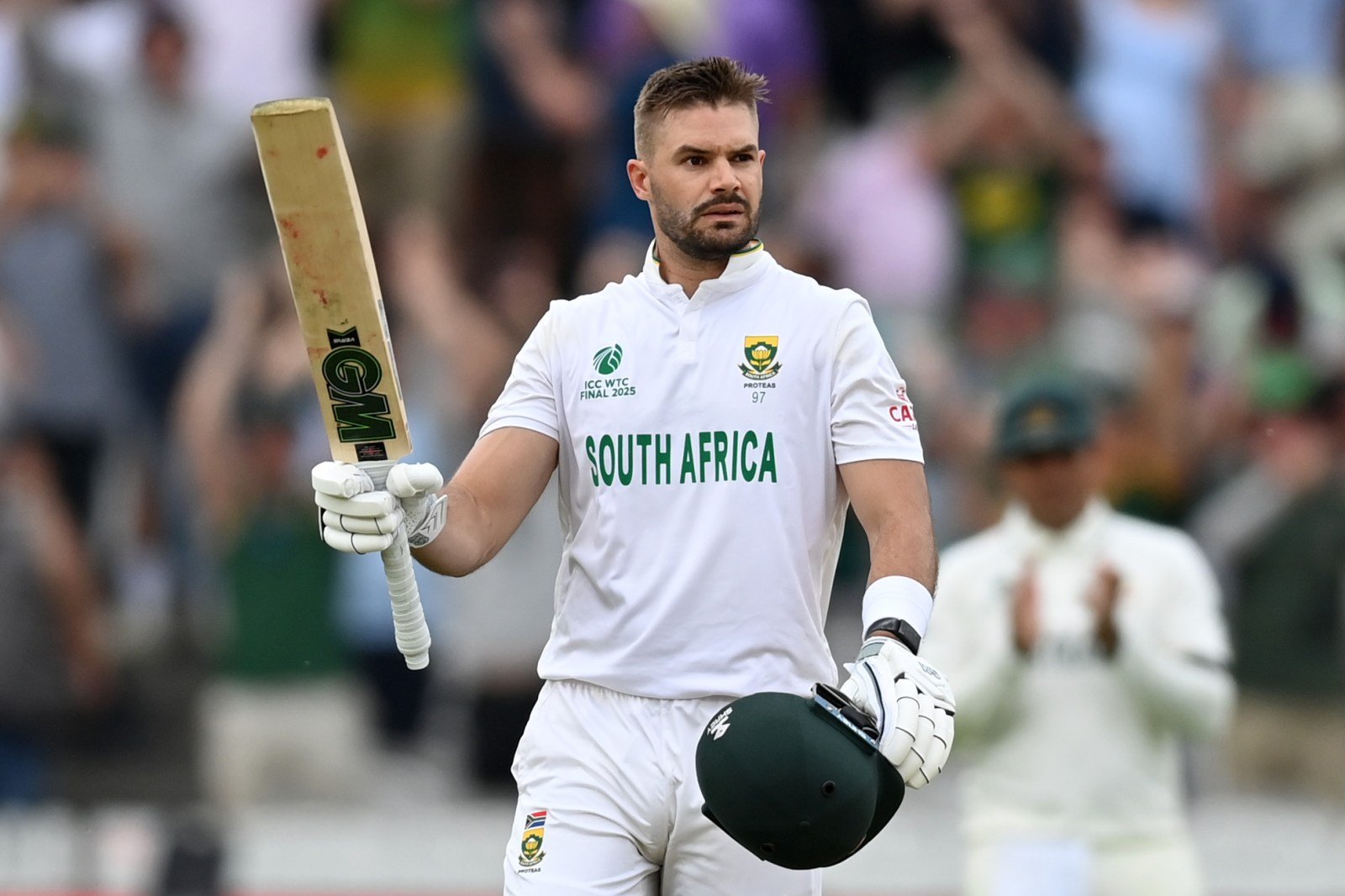 Aiden Markram raises his bat after reaching his century for South Africa against Australia in the WTC Final at Lord's