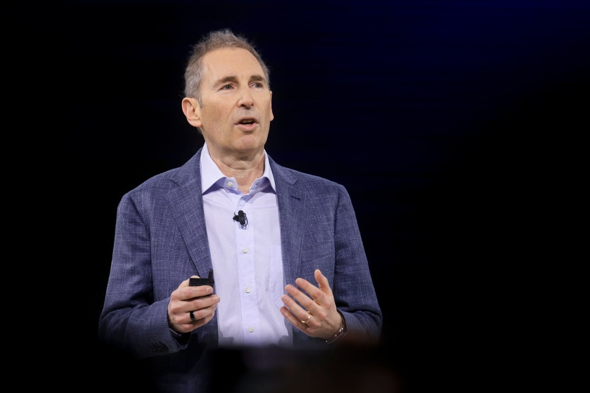 AMZN stock today: Amazon chief executive Andy Jassy speaking on stage about the company's cloud and AI investment