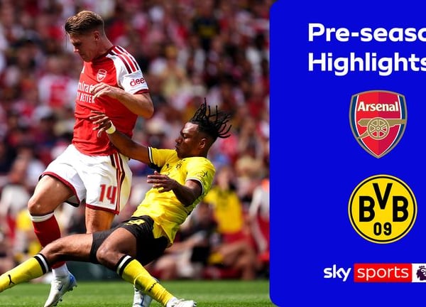 Borussia Dortmund players celebrate goal against Arsenal at Emirates Cup 2026