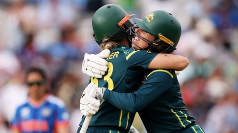 Ashleigh Gardner and Georgia Wareham celebrate after Australia Women beat India Women at Lord's in the ICC Women's T20 World Cup 2026