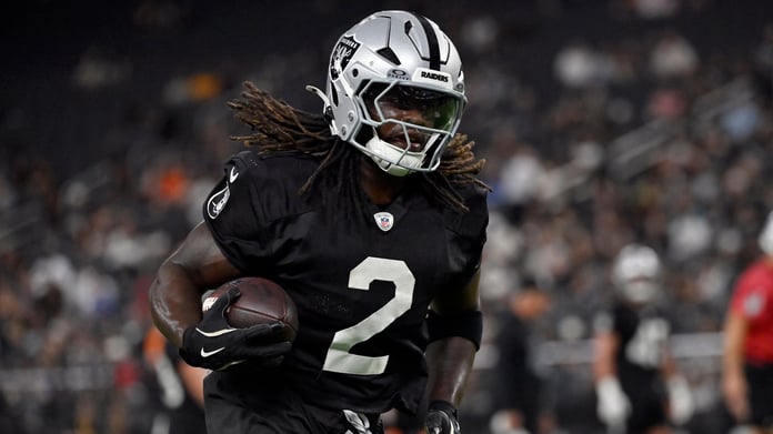 Las Vegas Raiders running back Ashton Jeanty during practice before his ankle injury in August 2026
