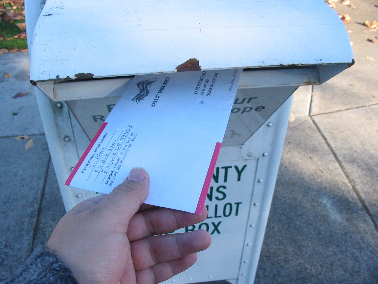 An official ballot return drop box used for mail-in voting, the type of ballot delivery system affected by Trump's USPS executive order blocked by Judge Talwani