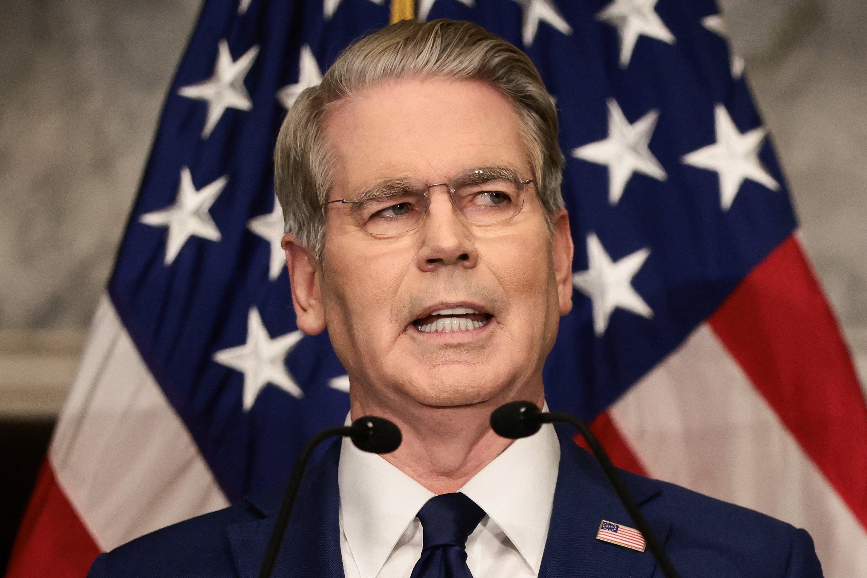 US Treasury Secretary Scott Bessent speaks at press conference about Iran sanctions Operation Economic Outcast at Treasury Department Washington DC