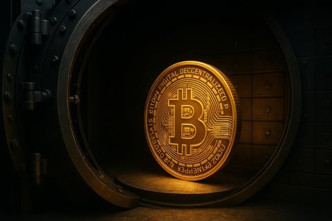 3D gold Bitcoin coin inside an open steel vault with dramatic lighting