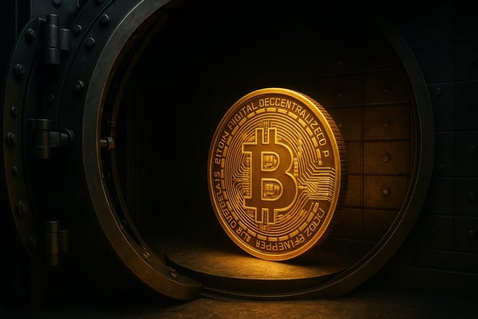 3D gold Bitcoin coin inside an open steel vault with dramatic lighting