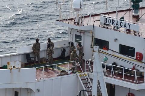 Soldiers on the deck of the tanker Boracay off Saint-Nazaire after it was stopped by French forces