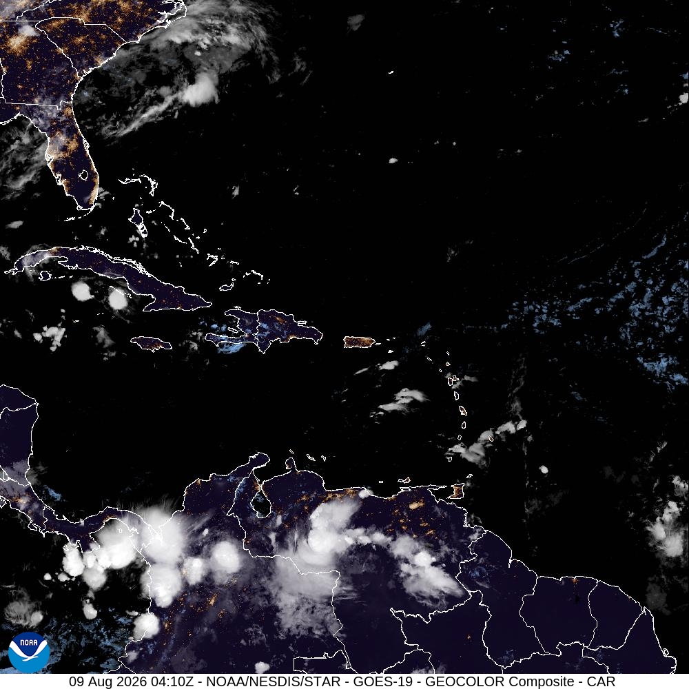 GOES-19 satellite image of the Caribbean region showing Puerto Rico and surrounding islands during the 2026 drought