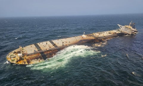 The half-sunken oil tanker Caroline Bezengi, a sanctioned Russian shadow fleet vessel, adrift off the coast of Oman after a June 2026 explosion