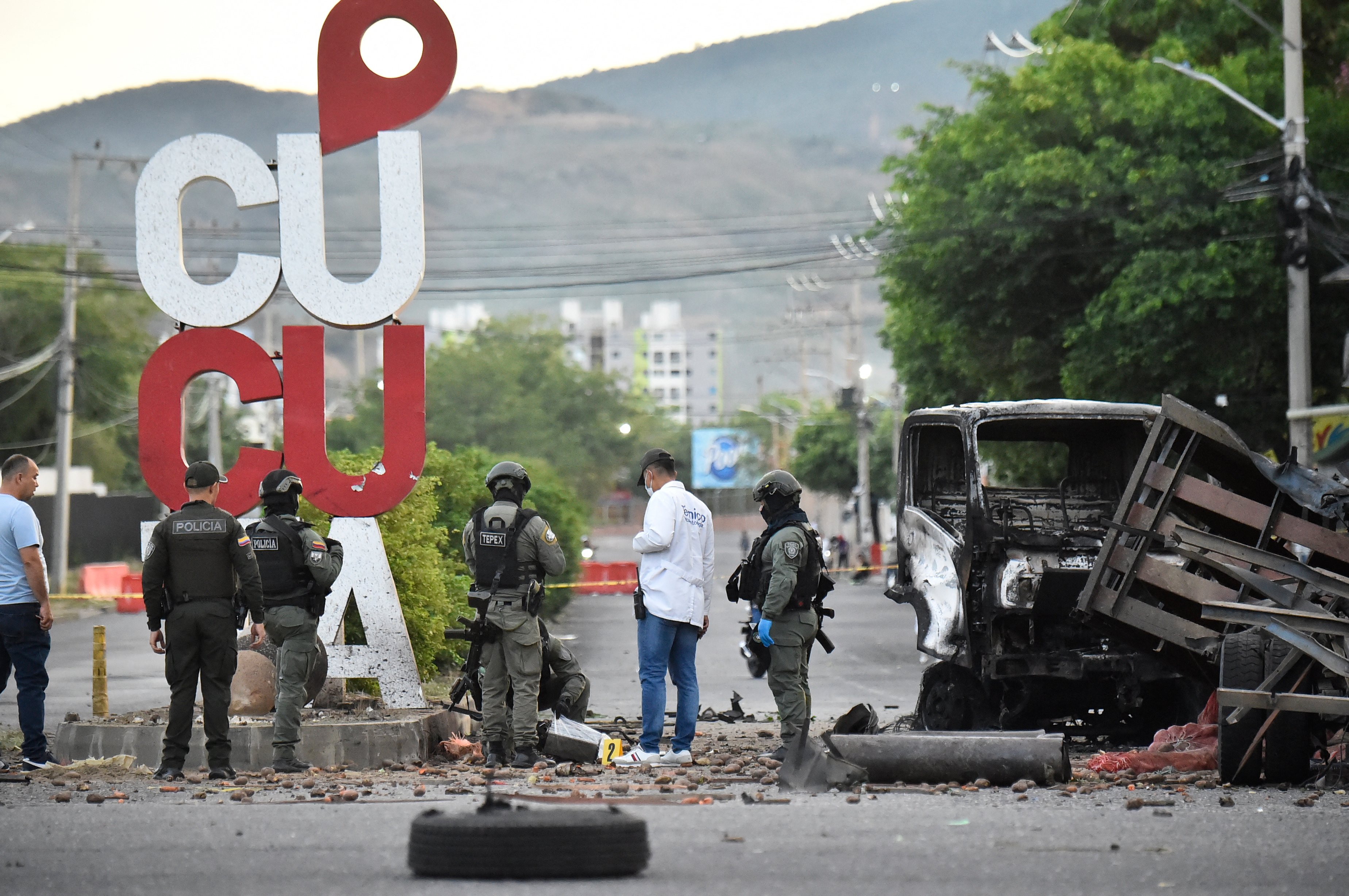 Car bomb damage at police checkpoint in Cucuta Colombia August 2026
