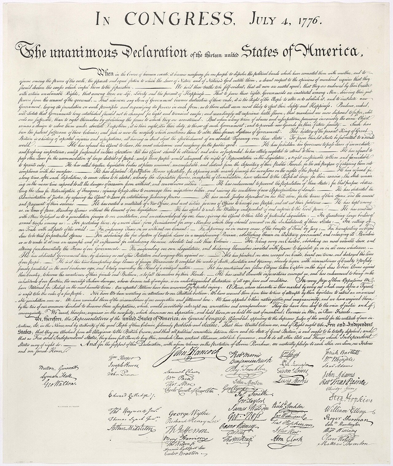 The engrossed Declaration of Independence, drafted by Thomas Jefferson in June 1776 and edited by the Continental Congress