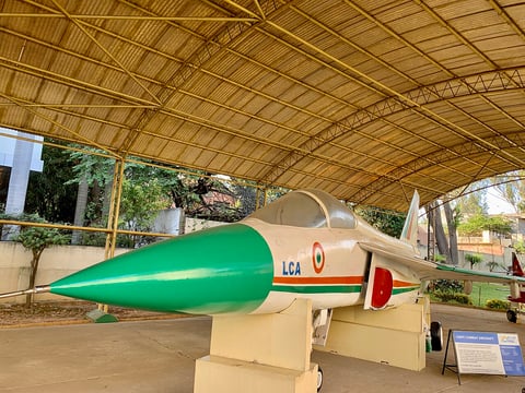 A Tejas Light Combat Aircraft Mk1 prototype on display at the HAL museum in Bengaluru
