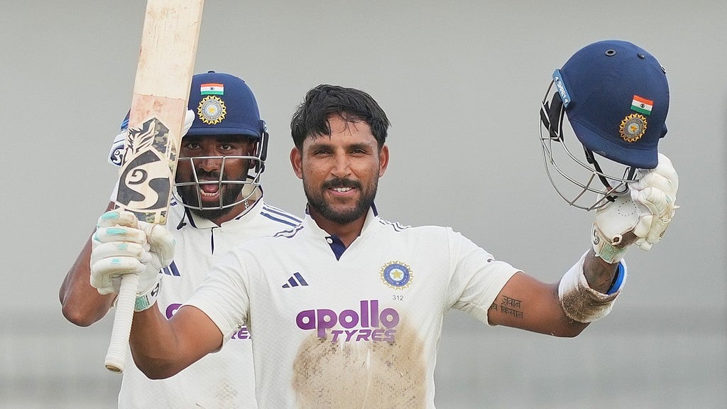 India's Dhruv Jurel celebrates his century during the 2nd Test against Sri Lanka at Colombo
