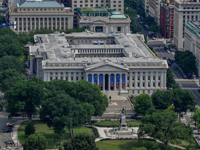 Dow Jones today: aerial view of the US Treasury Department in Washington as 30-year bond yields reach their highest level since 2007