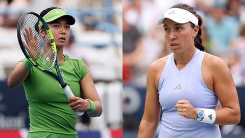 Jessica Pegula and Alexandra Eala during the Mubadala DC Open women's final before thunderstorms suspended play in Washington