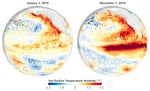 NASA satellite map showing sea surface temperature anomalies across the Pacific Ocean during an El Nino event with warmer-than-normal waters in the central and eastern Pacific