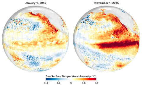 NASA satellite map showing sea surface temperature anomalies across the Pacific Ocean during an El Nino event with warmer-than-normal waters in the central and eastern Pacific