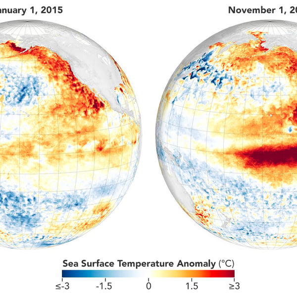 NASA satellite map showing sea surface temperature anomalies across the Pacific Ocean during an El Nino event with warmer-than-normal waters in the central and eastern Pacific