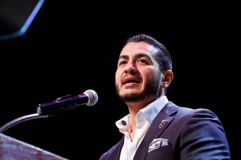 Abdul El-Sayed speaks during election night rally in Detroit Michigan after winning Democratic Senate primary August 5 2026
