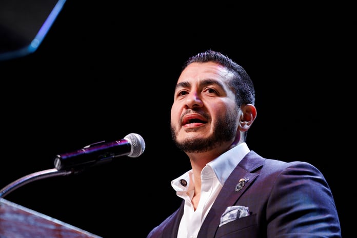 Abdul El-Sayed speaks during election night rally in Detroit Michigan after winning Democratic Senate primary August 5 2026