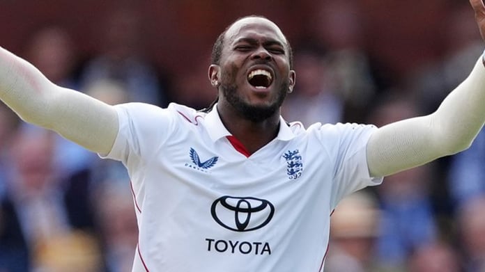 Jofra Archer bowling for England against Pakistan at Lord's Cricket Ground, 2nd Test, August 2026