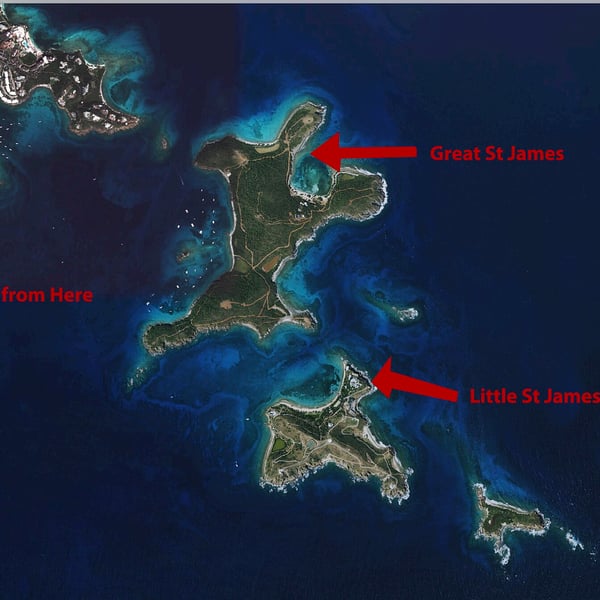 Aerial view of the Saint James islands off Saint Thomas with Great Saint James and Little Saint James labelled
